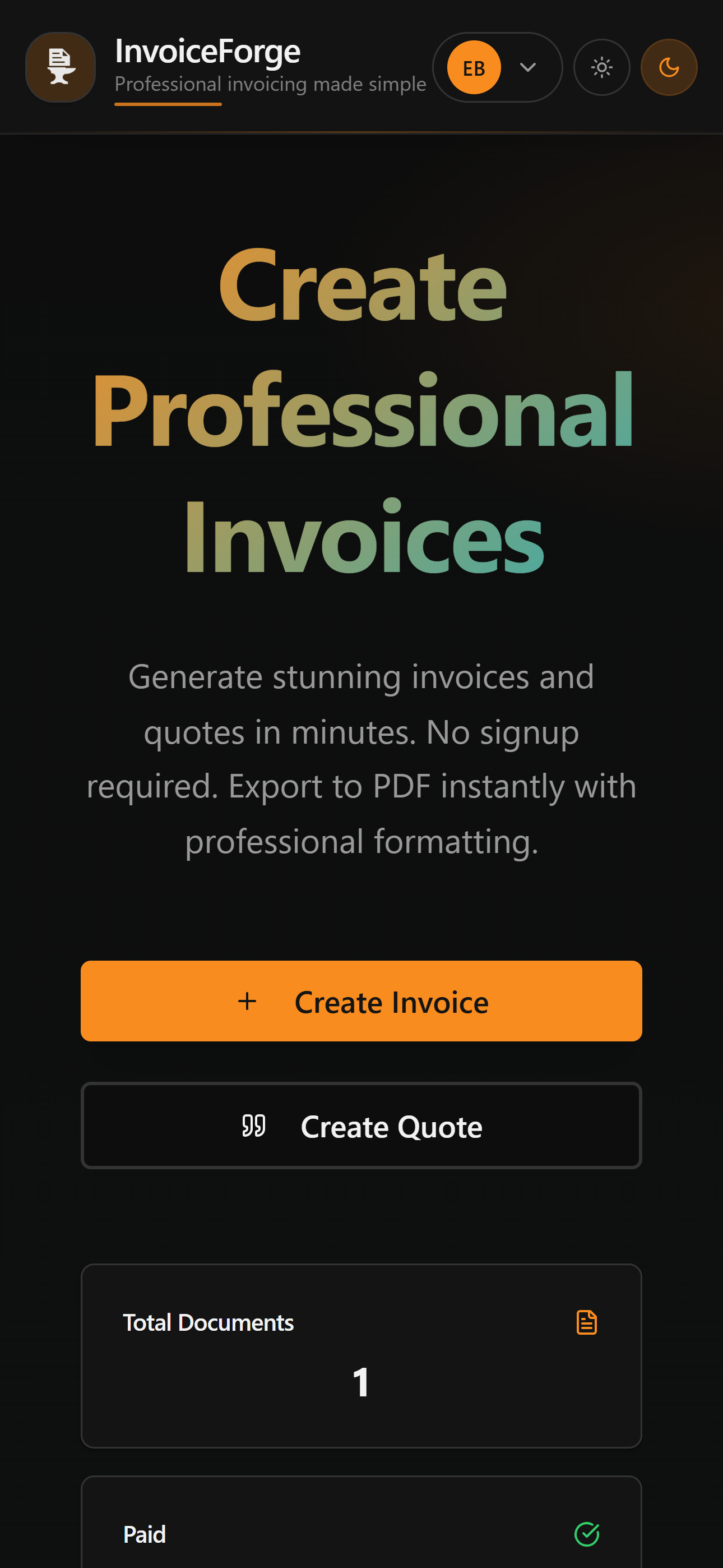 InvoiceForge - Smart Invoice and Quote Builder mobile view 1